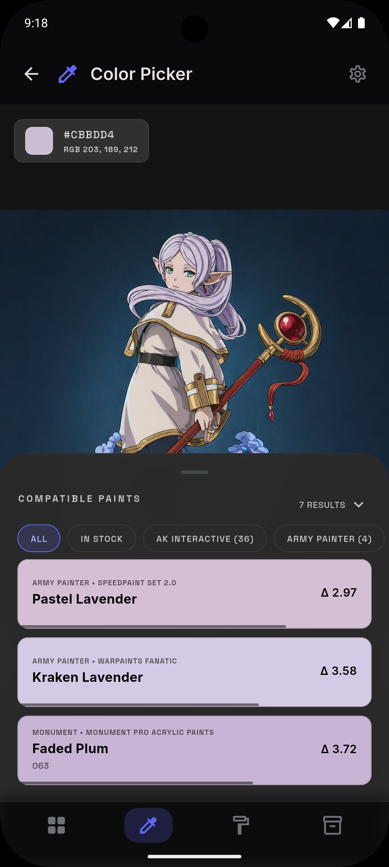 TinPot screen showing compatible paint matches and delta e percentages