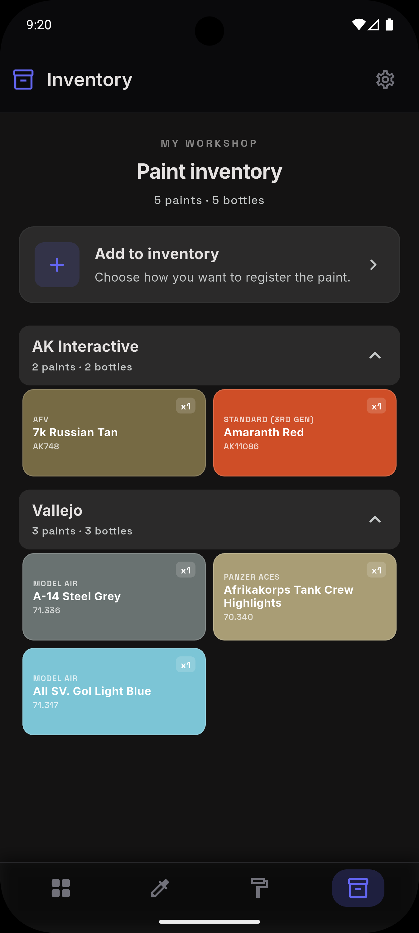 TinPot screen showing workshop paint inventory